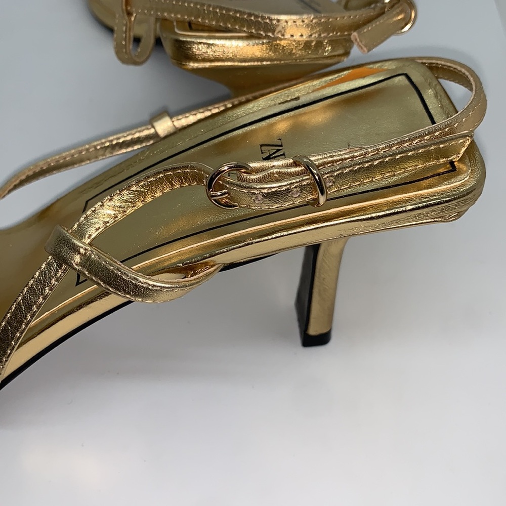 Zara Strap Sandals Gold 42 Kitten Heel Sandals Slip On Square Toe Wedding Prom - Picture 5 of 13
